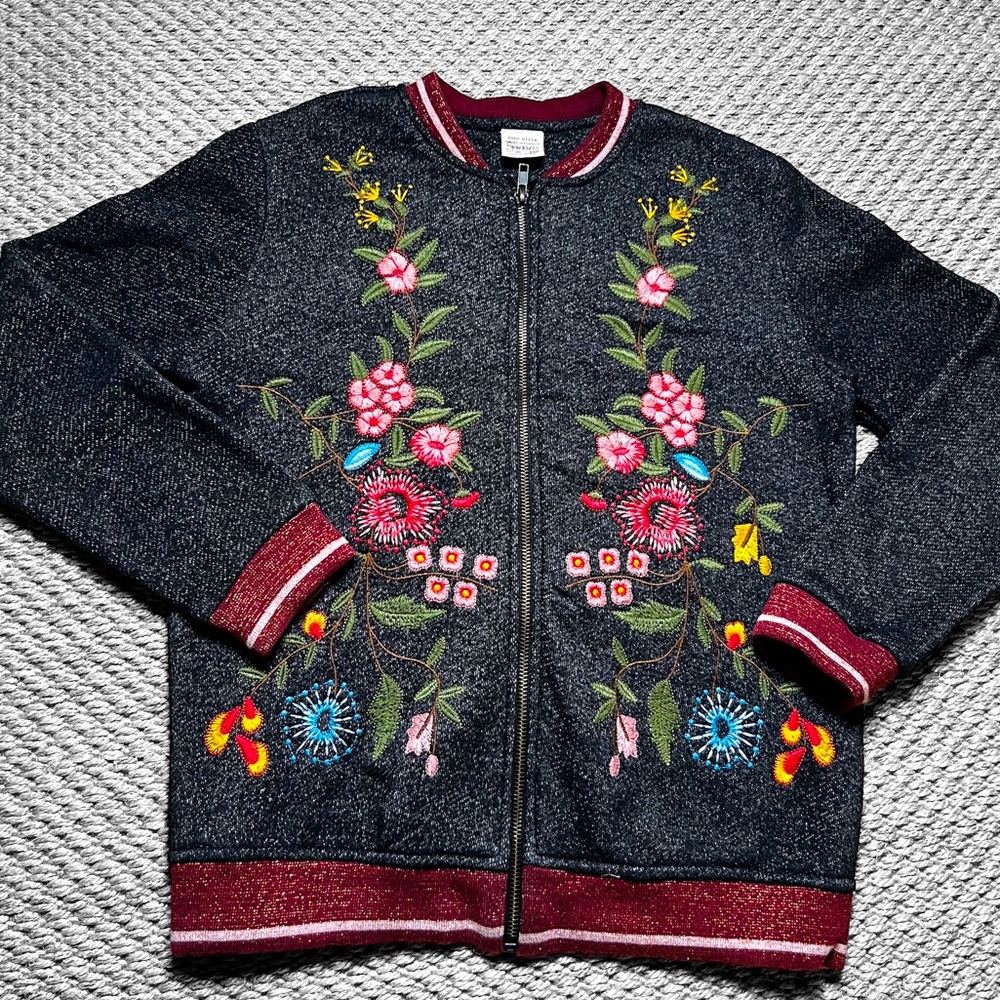 Zara Girls Embroidered Fleece Lined Bomber Jacket size 11/12